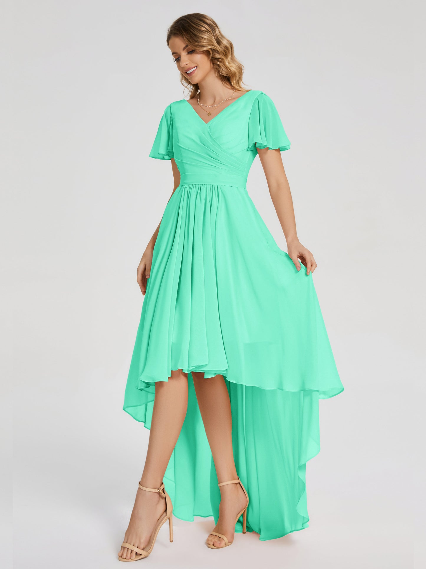 Evangeline High Low Short Sleeves Chiffon Bridesmaid Dress
