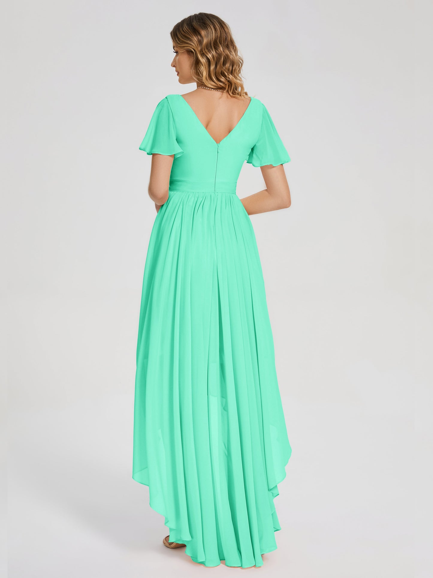 Evangeline High Low Short Sleeves Chiffon Bridesmaid Dress