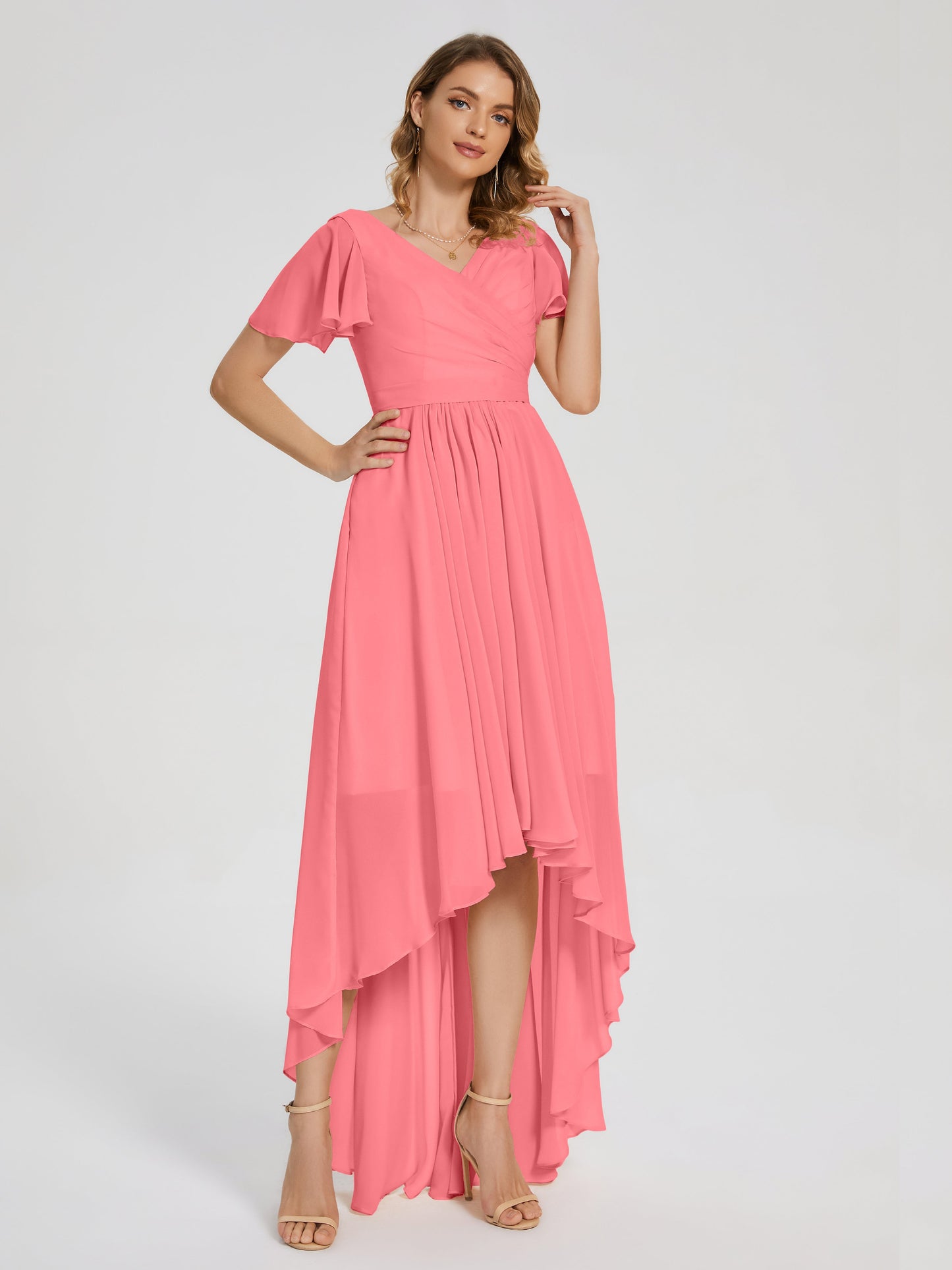 Evangeline High Low Short Sleeves Chiffon Bridesmaid Dress