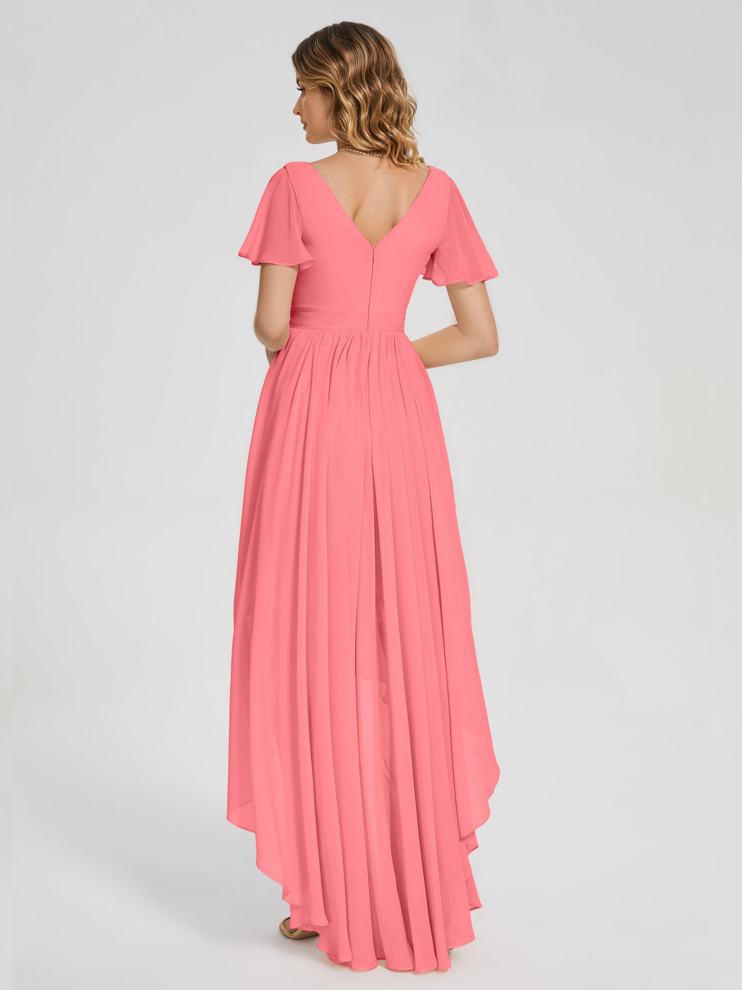Evangeline High Low Short Sleeves Chiffon Bridesmaid Dress