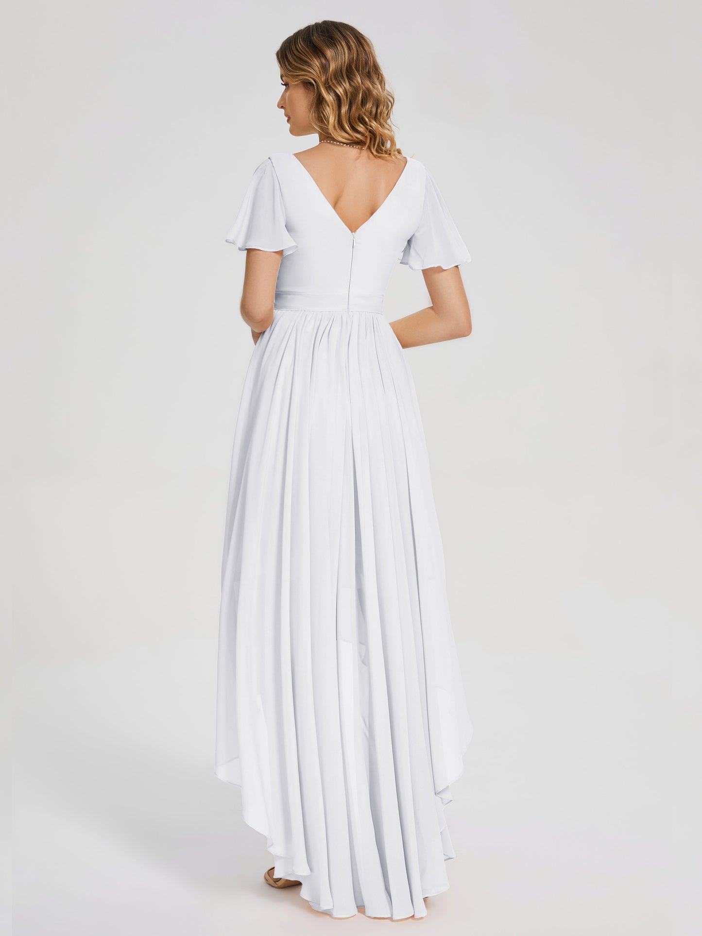 Evangeline High Low Short Sleeves Chiffon Bridesmaid Dress