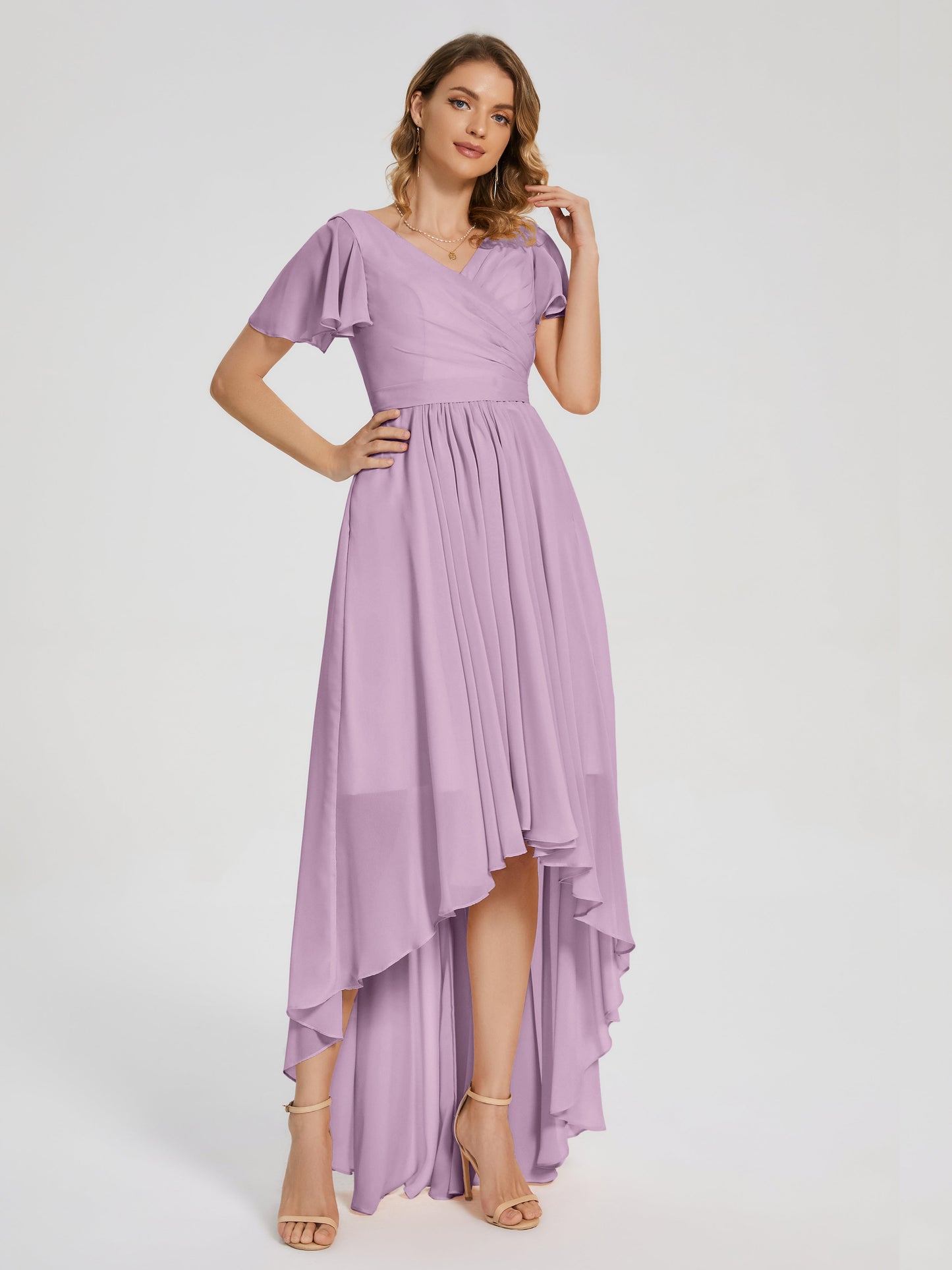 Evangeline High Low Short Sleeves Chiffon Bridesmaid Dress