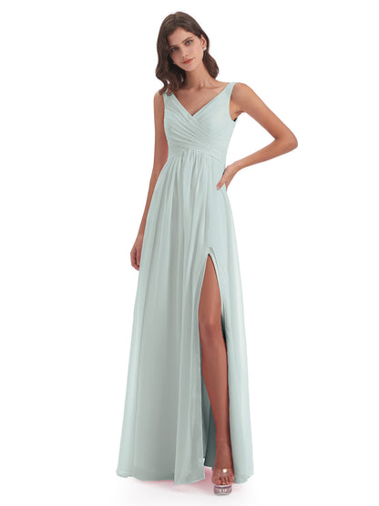 Jurnee Floor Length V-neck Ruched Chiffon Bridesmaid Dresses