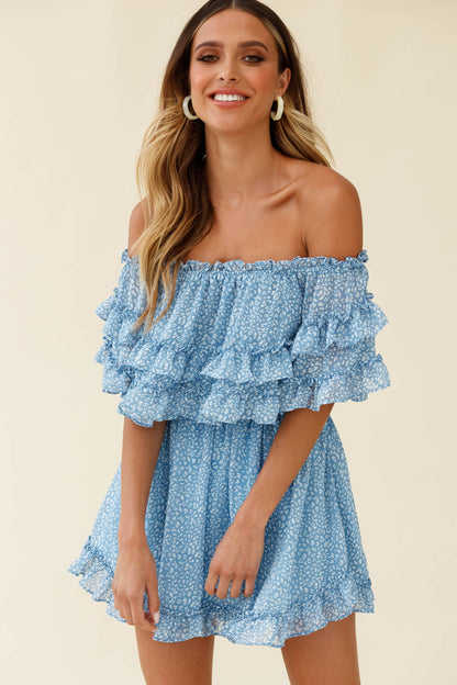 Meet Me At Sunset Bardot Neckline Frill Trim Dress Speckle Print Blue