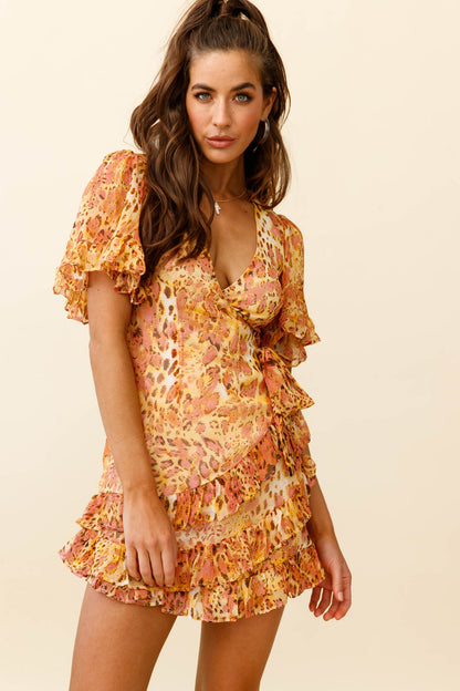 Jessi Faux Wrap Ruffle Trim Dress Leopard Print Orange
