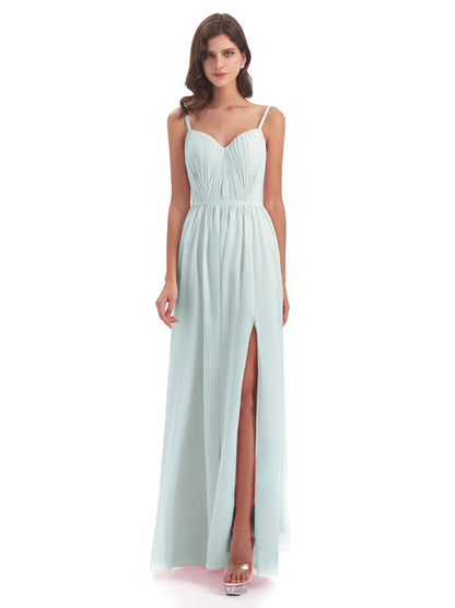 Kiana Spaghetti Straps Open Back Split Chiffon Long Bridesmaid Dresses
