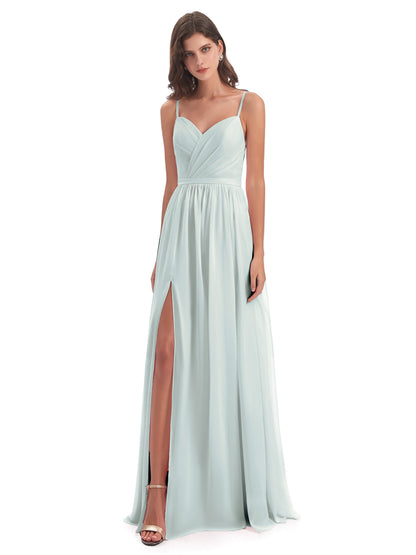Kimora Spaghetti Straps Chiffon Long Bridesmaid Dresses with Slit