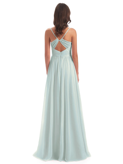 Kimora Spaghetti Straps Chiffon Long Bridesmaid Dresses with Slit
