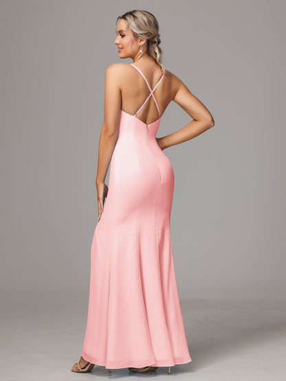 Spaghetti Straps Cross Back Chiffon Bridesmaid Dress