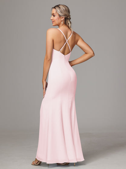 Spaghetti Straps Cross Back Chiffon Bridesmaid Dress
