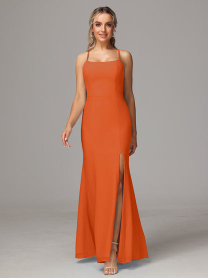 Spaghetti Straps Cross Back Chiffon Bridesmaid Dress