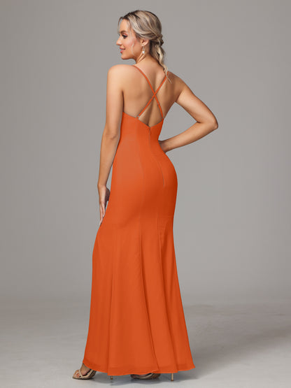 Spaghetti Straps Cross Back Chiffon Bridesmaid Dress