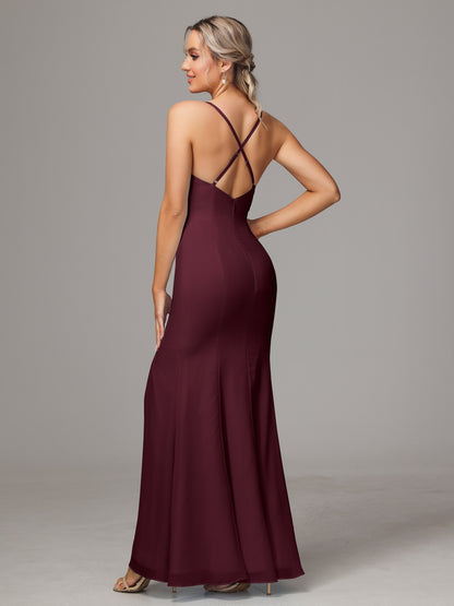 Spaghetti Straps Cross Back Chiffon Bridesmaid Dress