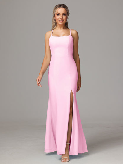 Spaghetti Straps Cross Back Chiffon Bridesmaid Dress