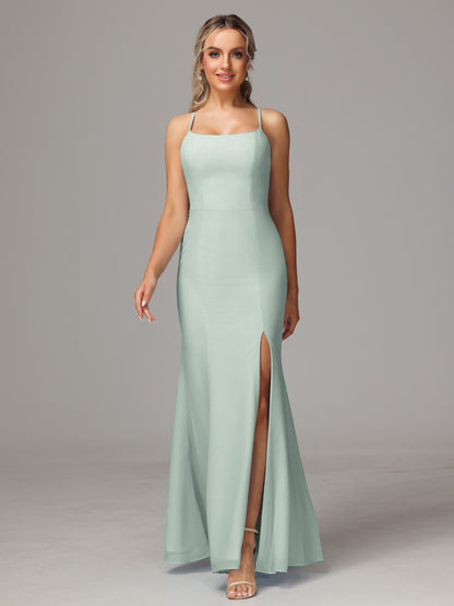 Spaghetti Straps Cross Back Chiffon Bridesmaid Dress