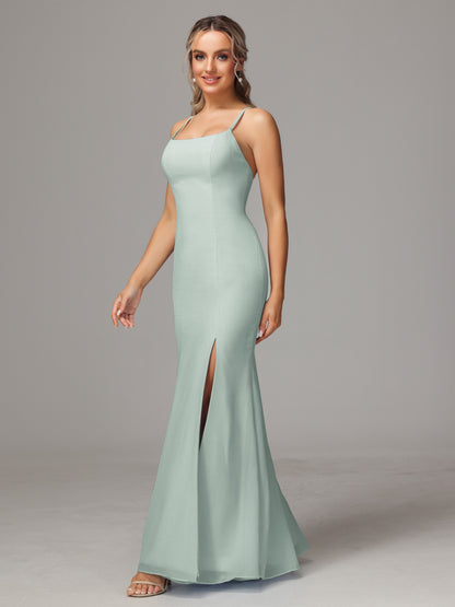Spaghetti Straps Cross Back Chiffon Bridesmaid Dress