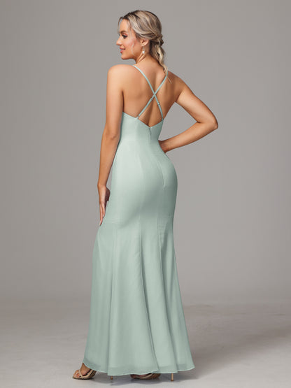Spaghetti Straps Cross Back Chiffon Bridesmaid Dress
