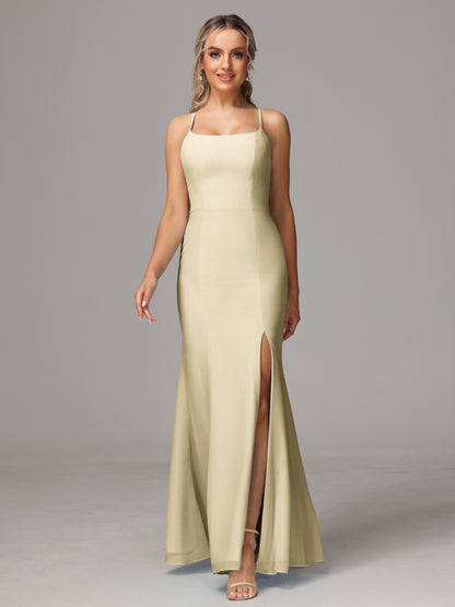 Spaghetti Straps Cross Back Chiffon Bridesmaid Dress