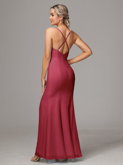 Spaghetti Straps Cross Back Chiffon Bridesmaid Dress