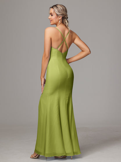 Spaghetti Straps Cross Back Chiffon Bridesmaid Dress