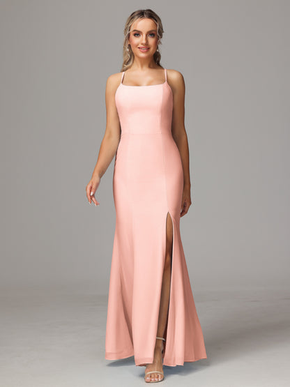 Spaghetti Straps Cross Back Chiffon Bridesmaid Dress