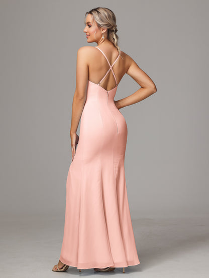 Spaghetti Straps Cross Back Chiffon Bridesmaid Dress
