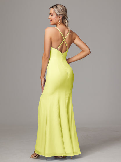 Spaghetti Straps Cross Back Chiffon Bridesmaid Dress