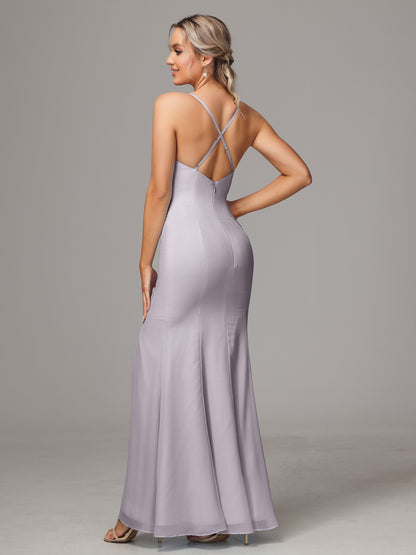 Spaghetti Straps Cross Back Chiffon Bridesmaid Dress