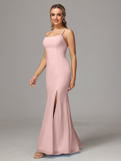 Spaghetti Straps Cross Back Chiffon Bridesmaid Dress