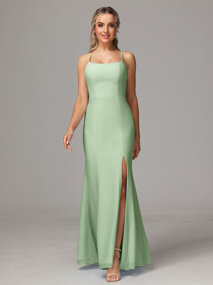 Spaghetti Straps Cross Back Chiffon Bridesmaid Dress