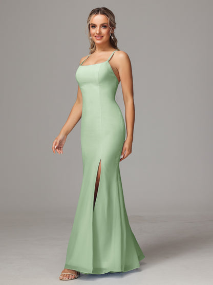Spaghetti Straps Cross Back Chiffon Bridesmaid Dress