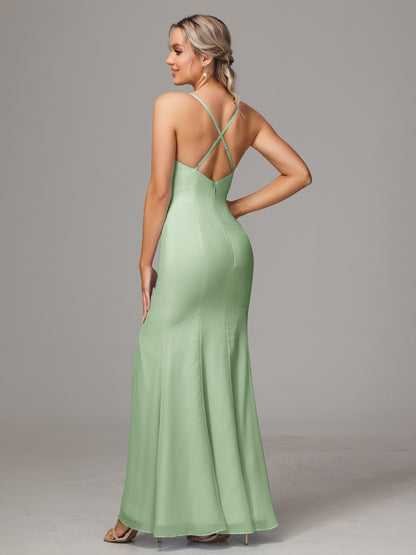 Spaghetti Straps Cross Back Chiffon Bridesmaid Dress