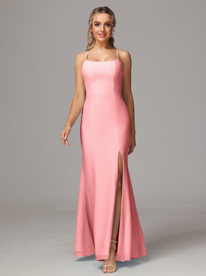 Spaghetti Straps Cross Back Chiffon Bridesmaid Dress
