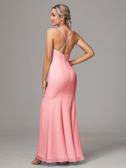 Spaghetti Straps Cross Back Chiffon Bridesmaid Dress