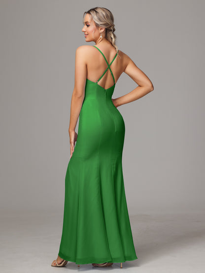 Spaghetti Straps Cross Back Chiffon Bridesmaid Dress