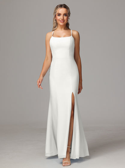 Spaghetti Straps Cross Back Chiffon Bridesmaid Dress