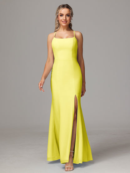 Spaghetti Straps Cross Back Chiffon Bridesmaid Dress