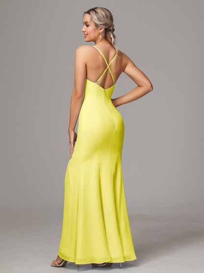 Spaghetti Straps Cross Back Chiffon Bridesmaid Dress