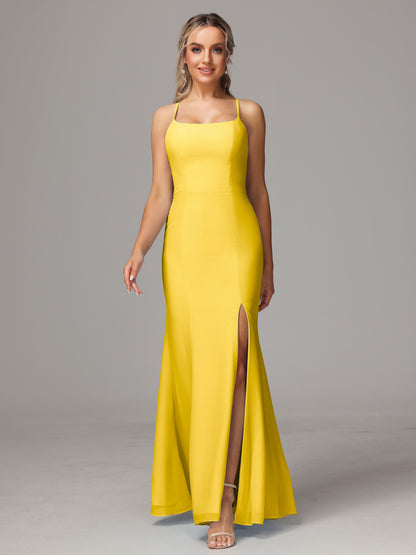 Spaghetti Straps Cross Back Chiffon Bridesmaid Dress