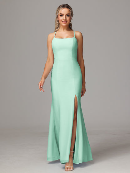 Spaghetti Straps Cross Back Chiffon Bridesmaid Dress