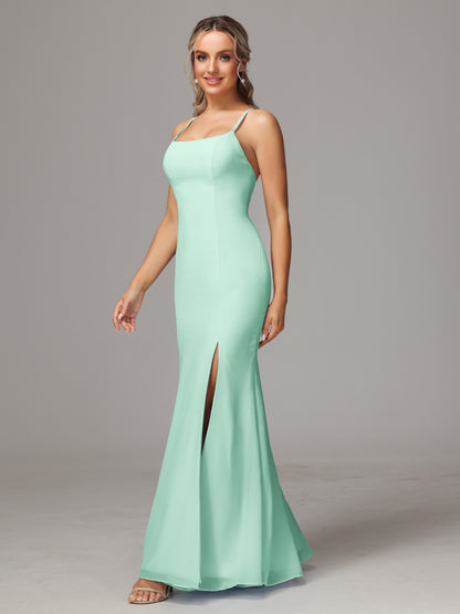 Spaghetti Straps Cross Back Chiffon Bridesmaid Dress