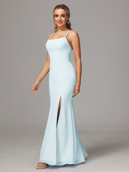 Spaghetti Straps Cross Back Chiffon Bridesmaid Dress