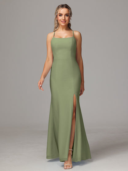 Spaghetti Straps Cross Back Chiffon Bridesmaid Dress