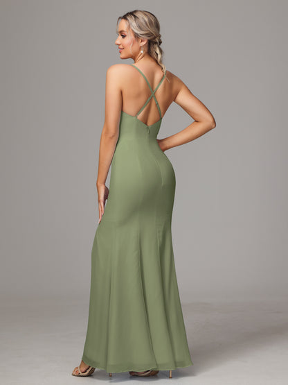 Spaghetti Straps Cross Back Chiffon Bridesmaid Dress