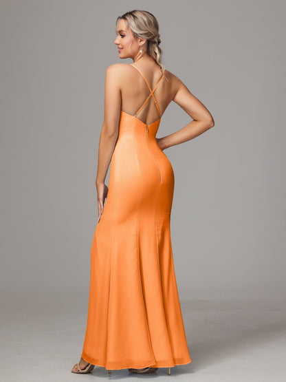Spaghetti Straps Cross Back Chiffon Bridesmaid Dress