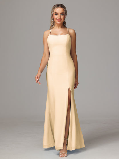 Spaghetti Straps Cross Back Chiffon Bridesmaid Dress