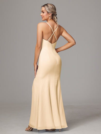 Spaghetti Straps Cross Back Chiffon Bridesmaid Dress