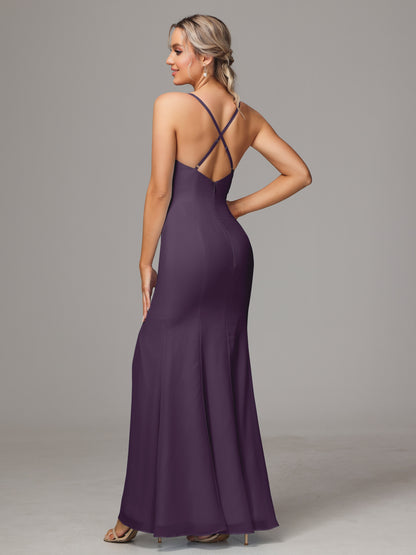 Spaghetti Straps Cross Back Chiffon Bridesmaid Dress