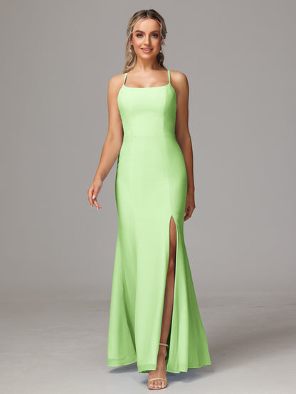 Spaghetti Straps Cross Back Chiffon Bridesmaid Dress