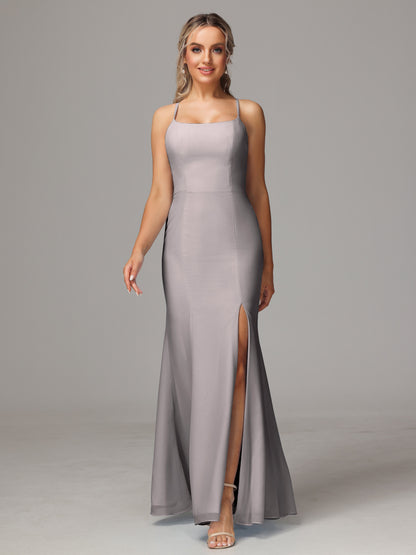 Spaghetti Straps Cross Back Chiffon Bridesmaid Dress